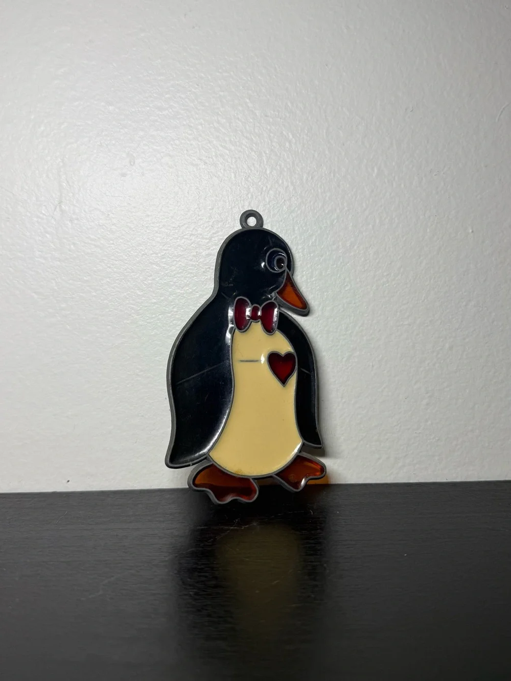 Vintage 1980s Stained Glass Penguin With A Bow Sun Catcher